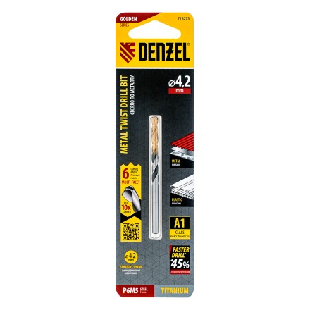 Сверло спиральное по металлу Denzel 4,2 x 75мм, Р6М5, Golden Tip, многогранная заточка, 718273 купить в Надыме