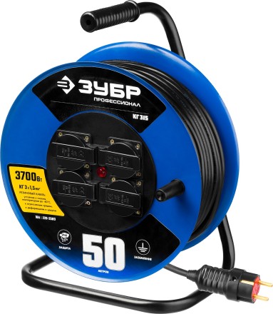 Удлинитель на катушке &quot;КГ 315&quot;, 50 м, 3700 Вт, 4 гнезда, IP44, КГ 3х1,5 кв мм, ЗУБР 55080-50 купить в Надыме