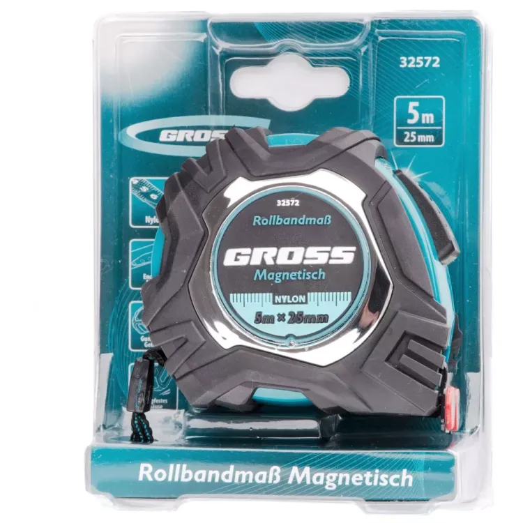 Рулетка Magnetisch 5 м х 25 мм обрезиненный корпус автоматическая фиксация Нейлоновое покрытиеытие зацеп с магнитом Gross 32572 купить в Надыме