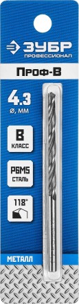ЗУБР ПРОФ-В, 4.3 х 80 мм, сталь Р6М5, класс В, сверло по металлу, Профессионал (29621-4.3) купить в Надыме