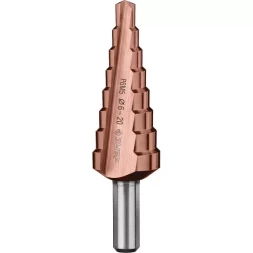 Сверло ЗУБР "КОБАЛЬТ" ступен. по сталям и цв.мет.ст.Р6М5 с кобальт.покрыт.d6-20мм, 8ступ.d6-20,L-75мм, трехгран.хв. 8мм 29672-6-20-8