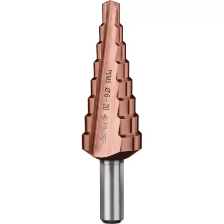 Сверло ЗУБР "КОБАЛЬТ" ступен. по сталям и цв.мет.ст.Р6М5 с кобальт.покрыт.d6-20мм, 8ступ.d6-20,L-75мм, трехгран.хв. 8мм 29672-6-20-8 купить в Надыме