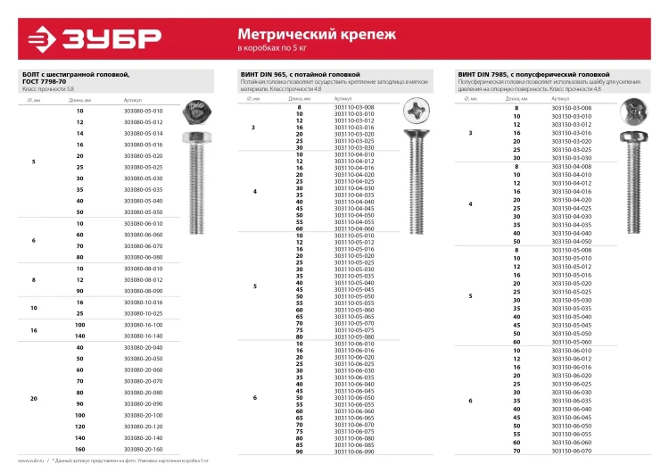 Винт ЗУБР "МАСТЕР" DIN 965, класс прочности 4.8, оцинкованный, M3x10мм, 5кг 303110-03-010 купить в Надыме
