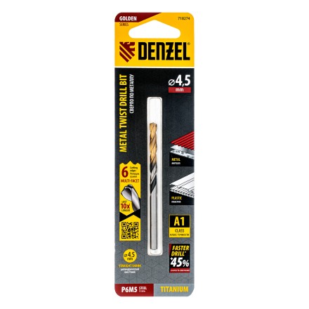 Сверло спиральное по металлу Denzel 4,5 x 80мм, Р6М5, Golden Tip, многогранная заточка 718274 купить в Надыме