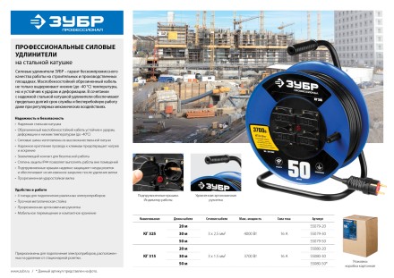 Удлинитель на катушке &quot;КГ 325&quot;, 30 м, 4000 Вт, 4 гнезда, IP44, КГ 3х2,5 кв мм, ЗУБР 55079-30 купить в Надыме