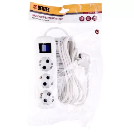 Удлинитель бытовой с заземлением и выключателем 3 м 3 розетки 10 A серия УХз10 Denzel 95971 купить в Надыме