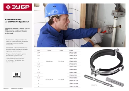 ЗУБР "МАСТЕР". Хомут трубный с гайкой, оцинкованный, в комплекте с сантехнической шпилькой и дюбелем, 4", 1шт 37866-108-116 купить в Надыме