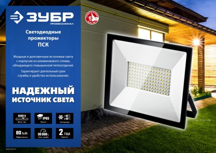 ЗУБР ПСК-50, 50 Вт, 6500 К, IP 65, светодиодный прожектор, Профессионал (57141-50) купить в Надыме