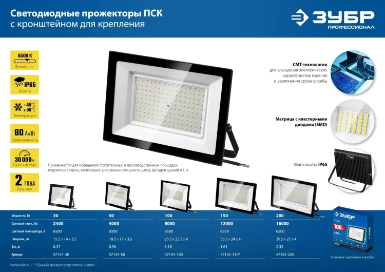 ЗУБР ПСК-50, 50 Вт, 6500 К, IP 65, светодиодный прожектор, Профессионал (57141-50) купить в Надыме
