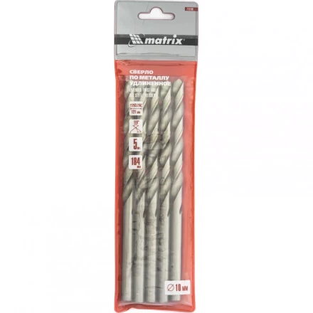 Сверло по металлу 10,0 х 184 мм полированное удлиненное HSS 5 штук цилиндрический хвостовик MATRIX 715100 купить в Надыме