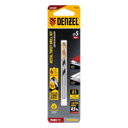 Сверло спиральное по металлу Denzel 5 x 86мм, Р6М5, Golden Tip, многогранная заточка, 718276 купить в Надыме