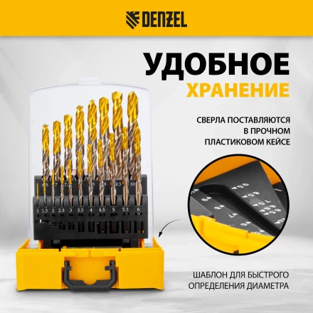 Набор сверл по металлу Denzel 723008, 1-10 мм, Р6М5К8-TiN, Golden Tip, 19 шт купить в Надыме