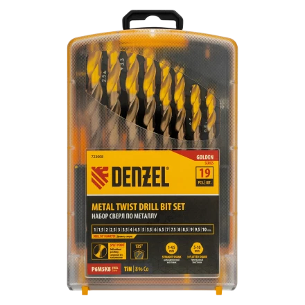 Набор сверл по металлу Denzel 723008, 1-10 мм, Р6М5К8-TiN, Golden Tip, 19 шт купить в Надыме