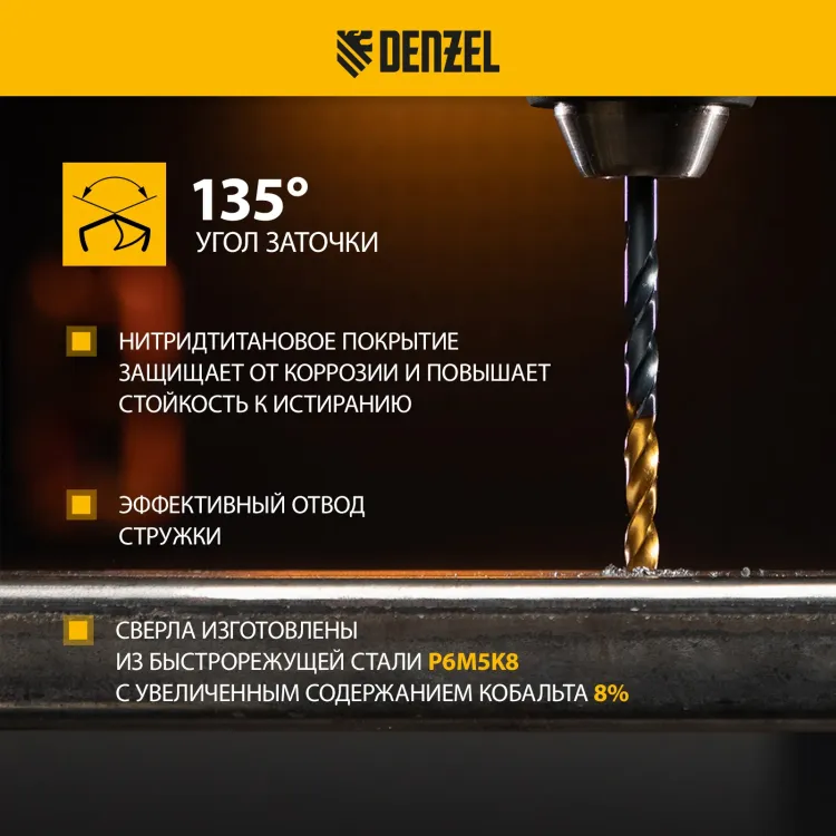 Набор сверл по металлу Denzel 723008, 1-10 мм, Р6М5К8-TiN, Golden Tip, 19 шт купить в Надыме