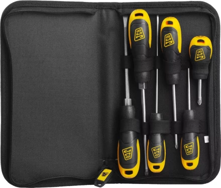 Набор JCB: Отвертки, хромомолибденовая сталь S2, двухкомпонентные рукоятки, магнитный наконечник, 7 предм, чехол JSD019 купить в Надыме
