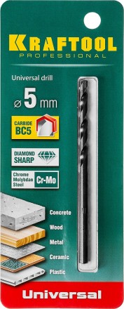 Сверло &quot;UNIVERSAL&quot; по бетону, металлу, дереву, KRAFTOOL PROFESSIONAL 29172-090-5, 5 х 90 мм 29172-090-5_z01 купить в Надыме