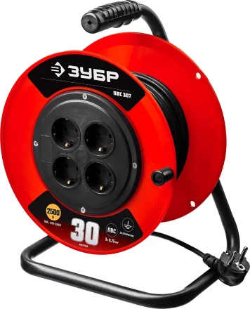 Удлинитель на катушке "ПВС 307", 30 м, 2500 Вт, 4 гнезда, ПВС 3х0,75 кв мм, ЗУБР 55083-30 купить в Надыме