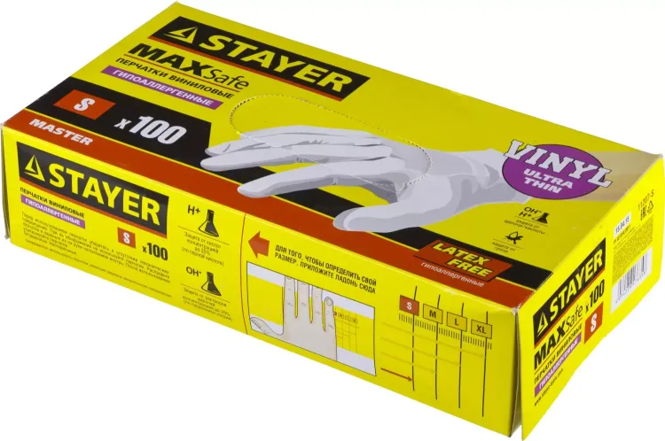 Перчатки STAYER "MASTER" виниловые экстратонкие, S, 100шт 11207-S купить в Надыме