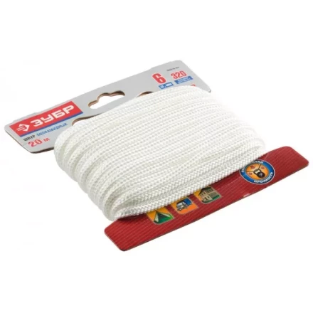 Шнур ЗУБР полиамидный, плетеный, повышенной нагрузки, без сердечника, белый, d 6, 20м 50320-06-020 купить в Надыме