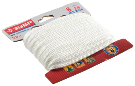 Шнур ЗУБР полиамидный, плетеный, повышенной нагрузки, без сердечника, белый, d 6, 20м 50320-06-020 купить в Надыме