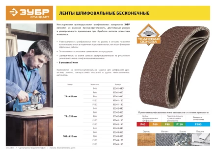 Лента шлифовальная бесконечная ЗУБР "СТАНДАРТ" на тканевой основе, для ЛШМ, P180, 100х610мм, 5 шт 35343-180 купить в Надыме