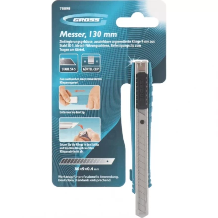 Нож 130 мм метал. корпус выдв.сегм.лезвие 9 мм SK-5 метал. направ-щая клипса для ремня GROSS 78898 купить в Надыме