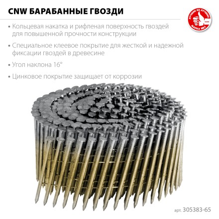 ЗУБР CNW 65 х 2.8 мм, барабанные гвозди рифленые оцинкованные, 6000 шт (305383-65) купить в Надыме