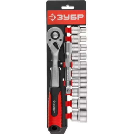 Набор ЗУБР "МАСТЕР": Торцовые головки (1/2") на пластиковом рельсе, трещотка, удлинитель, Cr-V, 10-24мм, 12 предметов 27647-H12 купить в Надыме