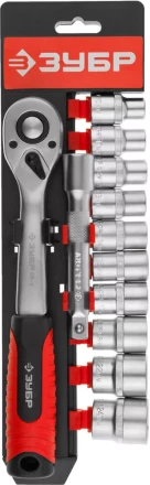 Набор ЗУБР "МАСТЕР": Торцовые головки (1/2") на пластиковом рельсе, трещотка, удлинитель, Cr-V, 10-24мм, 12 предметов 27647-H12 купить в Надыме