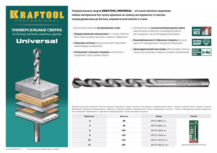 Сверло "UNIVERSAL" по бетону, металлу, дереву, KRAFTOOL PROFESSIONAL 29172-100-6, 6 х 100 мм 29172-100-6_z01 купить в Надыме