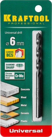 Сверло &quot;UNIVERSAL&quot; по бетону, металлу, дереву, KRAFTOOL PROFESSIONAL 29172-100-6, 6 х 100 мм 29172-100-6_z01 купить в Надыме