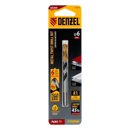 Сверло спиральное по металлу 6 x 93мм, Р6М5, Golden Tip, многогранная заточка Denzel 718278 купить в Надыме