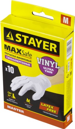 Перчатки STAYER &quot;MASTER&quot; виниловые экстратонкие, M, 10шт 11208-M купить в Надыме