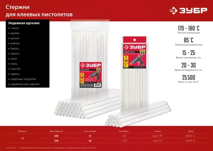 ЗУБР 11 х 200 мм, 12 шт, прозрачные универсальные клеевые стержни (06854-12) купить в Надыме