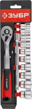 Набор ЗУБР "МАСТЕР": Торцовые головки (3/8") на пластиковом рельсе, трещотка, удлинитель, Cr-V, 10-19мм, 12 предметов 27646-H12 купить в Надыме