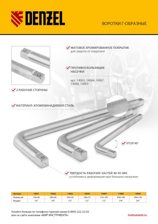 Вороток Г-образный, 375*100 мм, квадрат 1/2&quot;, CrV, матовый хром Denzel 14067 купить в Надыме