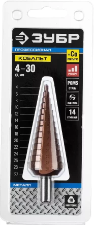 Сверло ЗУБР "КОБАЛЬТ" ступен. по сталям, цв.мет.ст.Р6М5 с кобальт.покрыт.d4-30 мм,14ст.d4-30, L-100мм, трехгр.хв. 10мм 29672-4-30-14 купить в Надыме