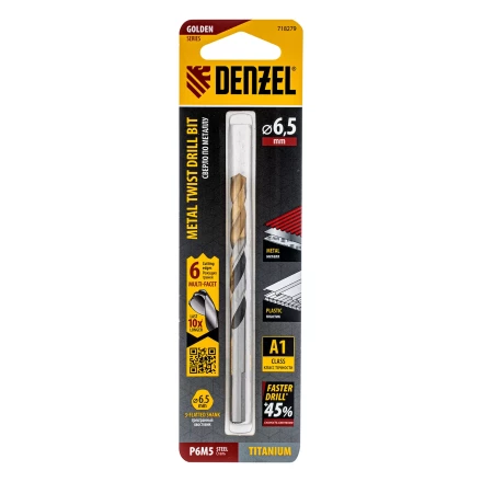 Сверло спиральное по металлу Denzel 6,5 x 93мм, Р6М5, Golden Tip, многогранная заточка, 718279 купить в Надыме