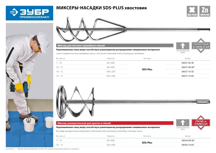 Миксер ЗУБР "ПРОФЕССИОНАЛ" для красок  оцинкованный, SDS+ хвостовик, на подвеске, 100x600мм 06036-10-60 купить в Надыме