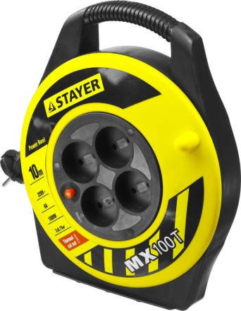 Удлинитель на катушке &quot;MX100T&quot;, 10 м, 4 гнезда, ПВС 2x0,75 кв мм, 1300 Вт, STAYER 55071-10 купить в Надыме