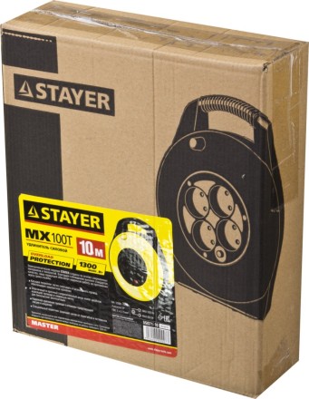 Удлинитель на катушке &quot;MX100T&quot;, 10 м, 4 гнезда, ПВС 2x0,75 кв мм, 1300 Вт, STAYER 55071-10 купить в Надыме
