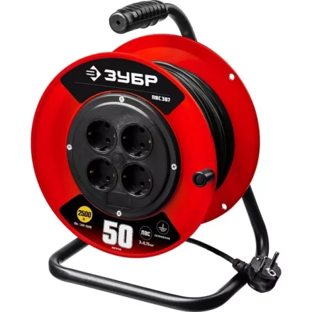 Удлинитель на катушке "ПВС 307", 50 м, 2500 Вт, 4 гнезда, ПВС 3х0,75 кв мм, ЗУБР 55083-50 купить в Надыме