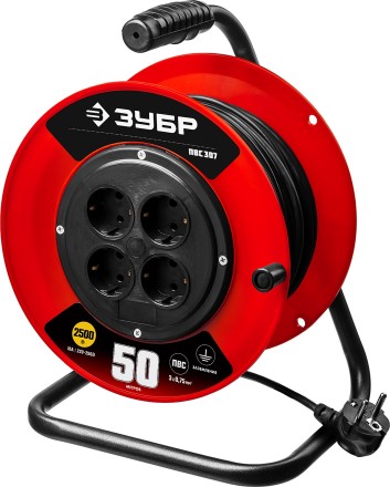 Удлинитель на катушке &quot;ПВС 307&quot;, 50 м, 2500 Вт, 4 гнезда, ПВС 3х0,75 кв мм, ЗУБР 55083-50 купить в Надыме