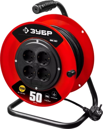 Удлинитель на катушке "ПВС 307", 50 м, 2500 Вт, 4 гнезда, ПВС 3х0,75 кв мм, ЗУБР 55083-50 купить в Надыме
