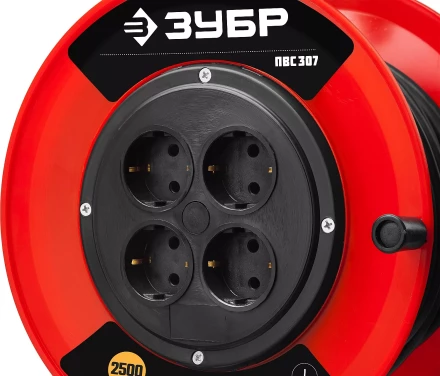Удлинитель на катушке "ПВС 307", 50 м, 2500 Вт, 4 гнезда, ПВС 3х0,75 кв мм, ЗУБР 55083-50 купить в Надыме