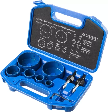 Набор коронок-чашек ЗУБР "ПРОФЕССИОНАЛ" c карбид-вольфрамовым нанесением, 6 коронок-чашек O 22, 28, 35, 44, 68, 73 мм, 2 державки со сверлами, ключ 33360-H6_z01 купить в Надыме