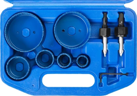 Набор коронок-чашек ЗУБР "ПРОФЕССИОНАЛ" c карбид-вольфрамовым нанесением, 6 коронок-чашек O 22, 28, 35, 44, 68, 73 мм, 2 державки со сверлами, ключ 33360-H6_z01 купить в Надыме