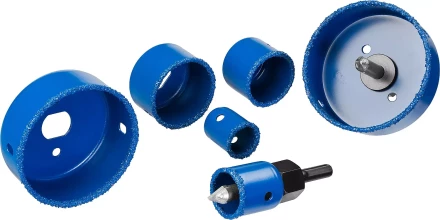 Набор коронок-чашек ЗУБР "ПРОФЕССИОНАЛ" c карбид-вольфрамовым нанесением, 6 коронок-чашек O 22, 28, 35, 44, 68, 73 мм, 2 державки со сверлами, ключ 33360-H6_z01 купить в Надыме