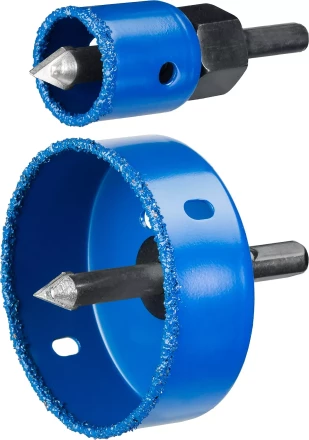 Набор коронок-чашек ЗУБР "ПРОФЕССИОНАЛ" c карбид-вольфрамовым нанесением, 6 коронок-чашек O 22, 28, 35, 44, 68, 73 мм, 2 державки со сверлами, ключ 33360-H6_z01 купить в Надыме