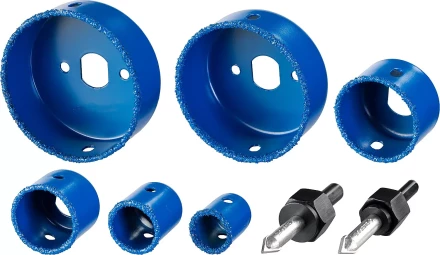 Набор коронок-чашек ЗУБР "ПРОФЕССИОНАЛ" c карбид-вольфрамовым нанесением, 6 коронок-чашек O 22, 28, 35, 44, 68, 73 мм, 2 державки со сверлами, ключ 33360-H6_z01 купить в Надыме